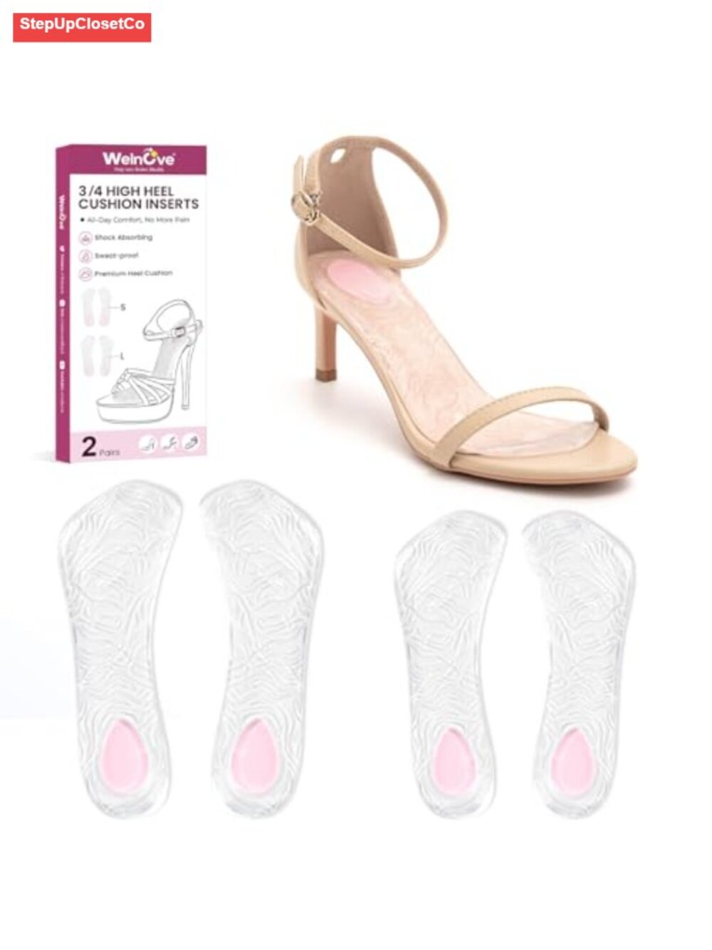 Welnove Dual-Density Gel Heel Cushion Inserts for High Heels, 3/4 Length, Shock
